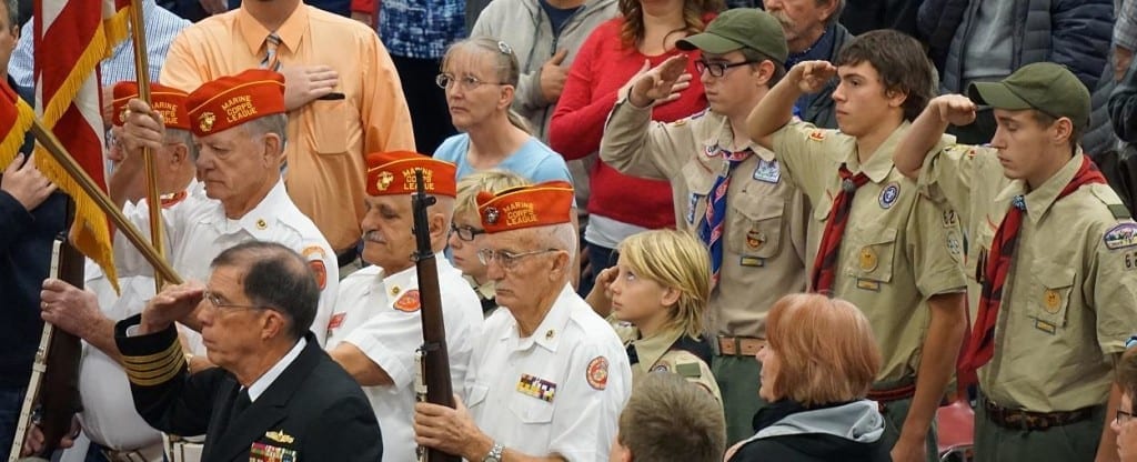 Photo Contest winner, Adult 1st place: Bryan Kercher. Hamilton Troops 62 & 76 marching in the 2015 Veterans Day Commemoration.